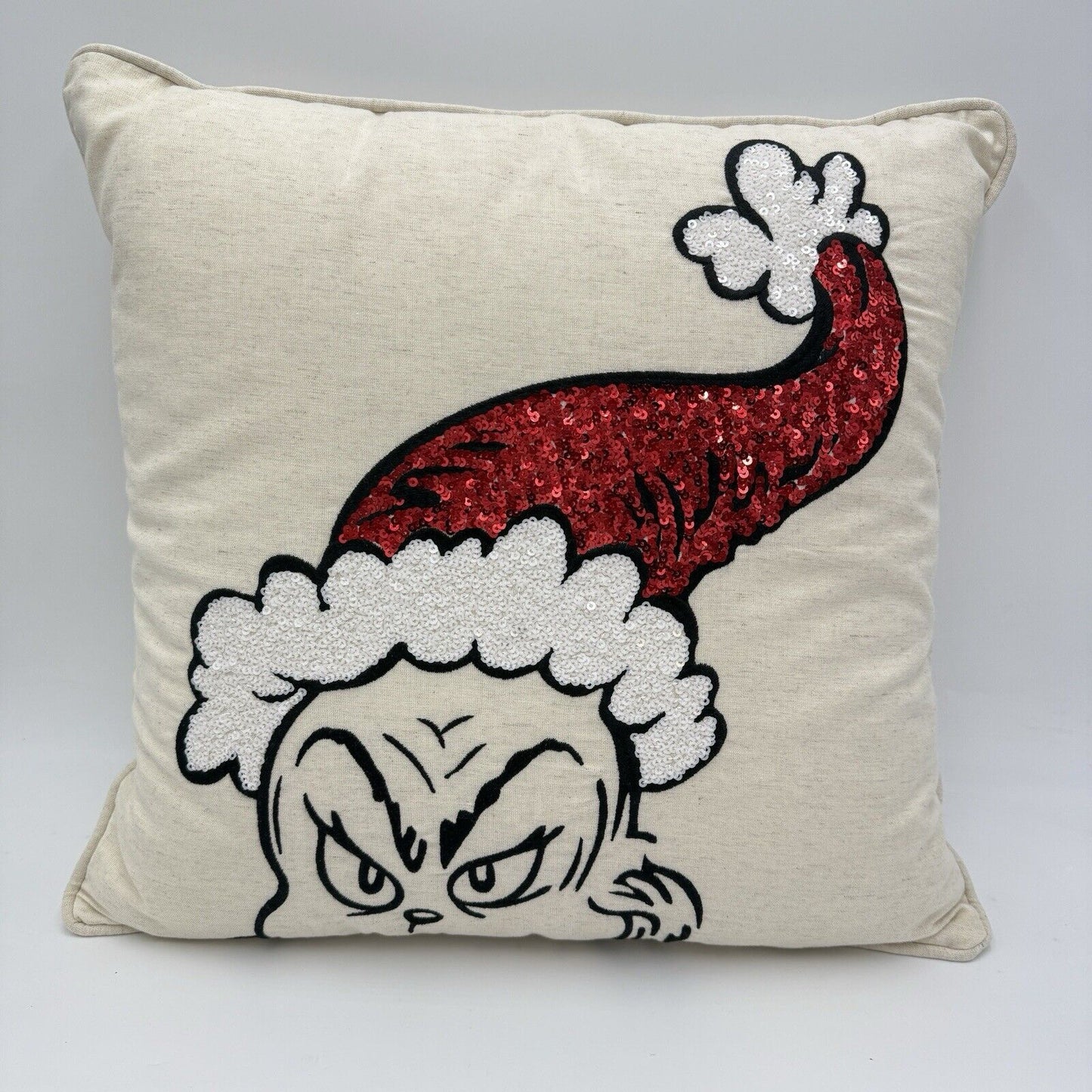 Pottery Barn Dr Seuss THE GRINCH Christmas Sequined Pillow 18x18”