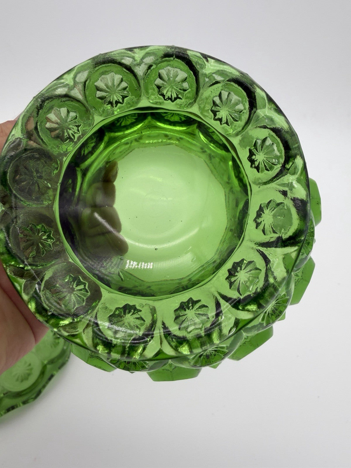 MCM LE Smith Art Glass Moon & Stars Lidded Compote / Candy Dish Green Emerald