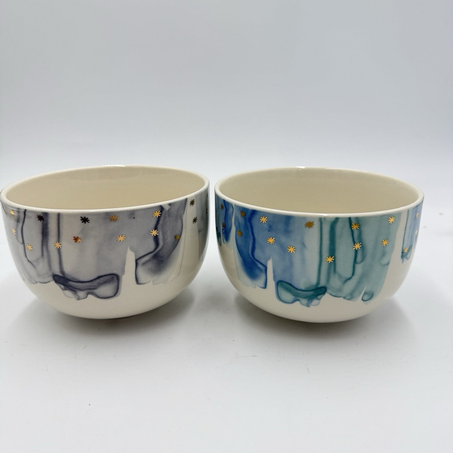 Anthropologie Night Sky Bowl Stoneware Blue Teal Drip Watercolor Wash Gold Star