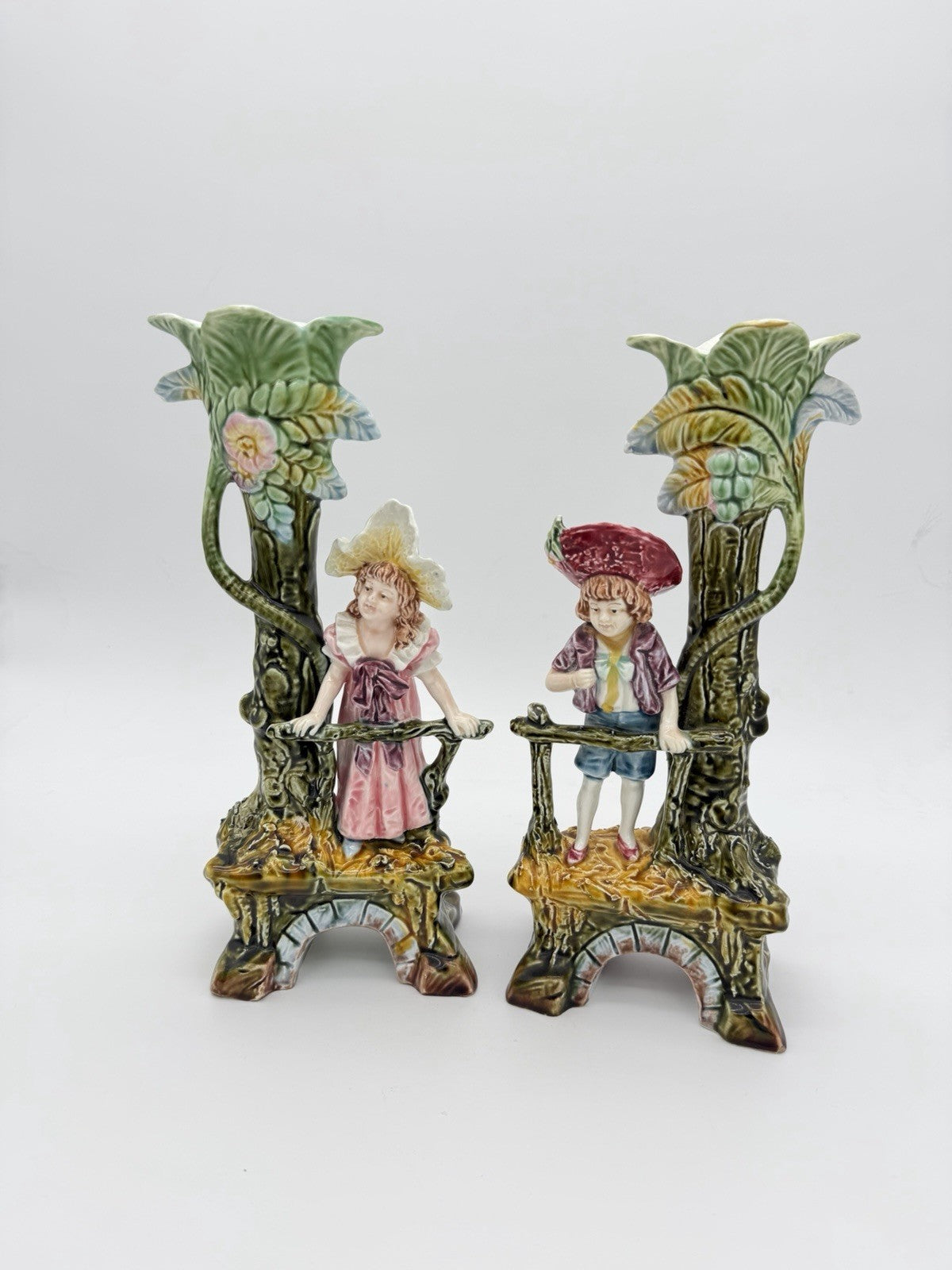 Antique Brothers Urbach Teplitz Bohemian Austrian Majolica Boy Girl Vase 11”