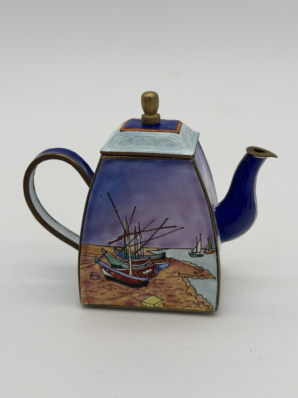 Kelvin Chen miniature enamel copper teapot Van Gogh inspired fishing boat scene