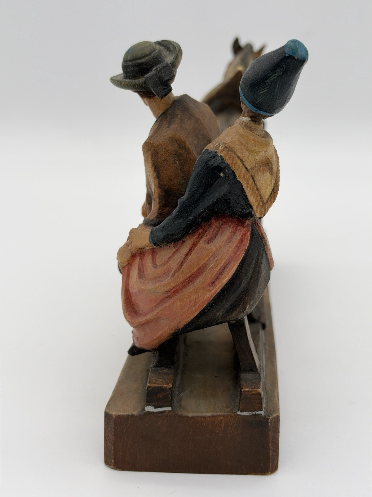 Antique folk art wood carving August Runggaldier Italy  farmers on horse sleigh