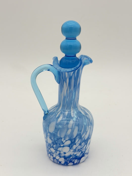 Rainbow Art Glass Cruet Blue Aqua White Spatter Milk Spots W/Stopper Vintage 6”H