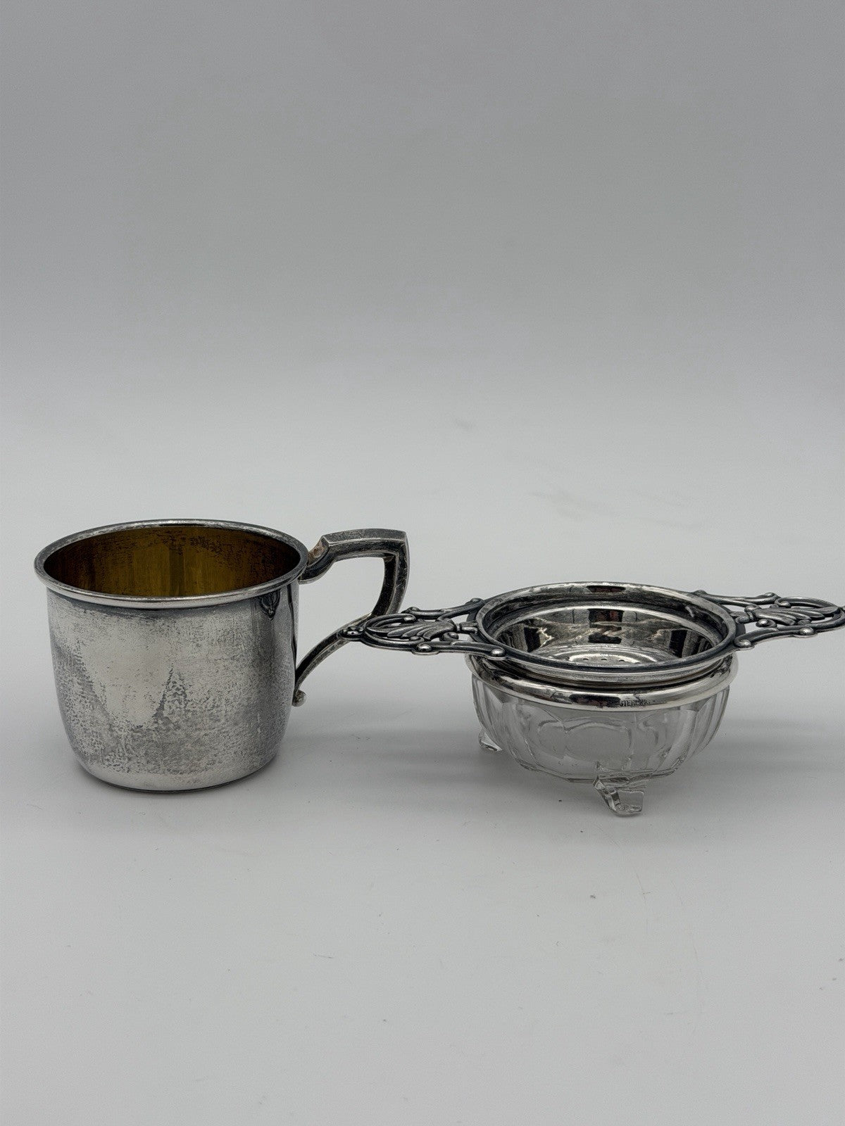 Antique Art Deco Sterling Silver Tea Strainer & Stand & Cup Webster Set Complete