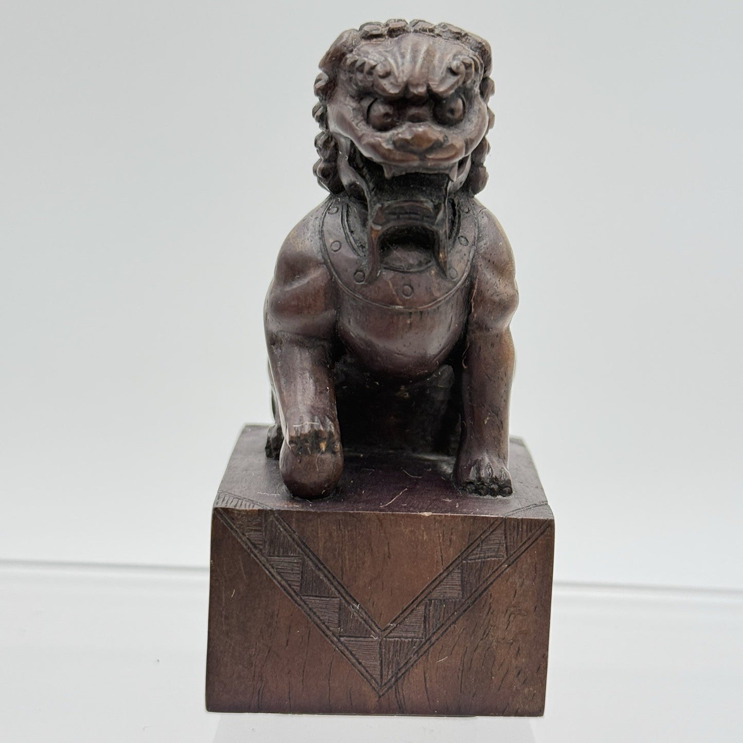 Foo Lion Chinese Hand Carved Wooden Figurine Solid 3.5in Vintage