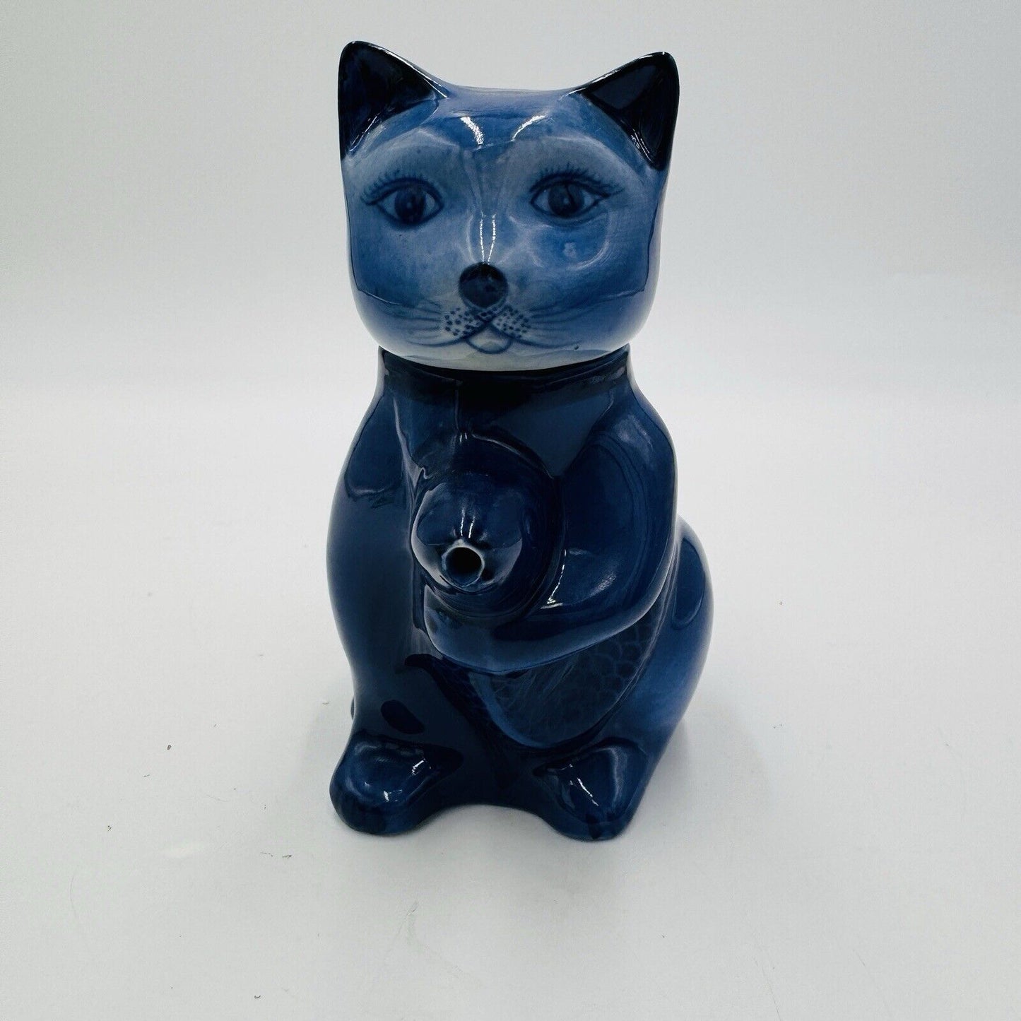 Vintage Lucky Navy Blue Cat Holding Koi Fish Mini Teapot Ceramic