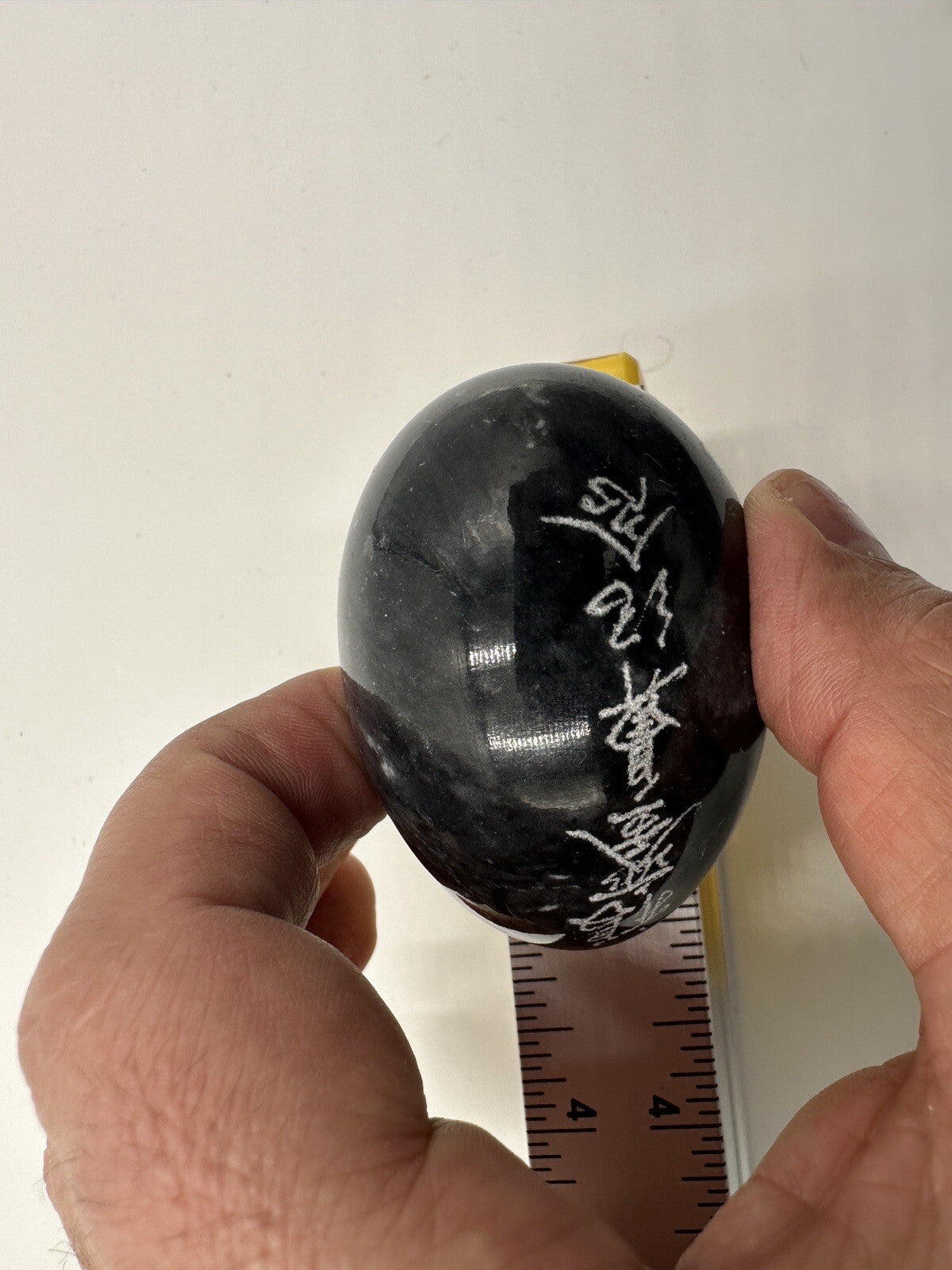 Alabaster Marble Eggs Stone 3in Etching Asian Words Yellow Black Vintage Easter
