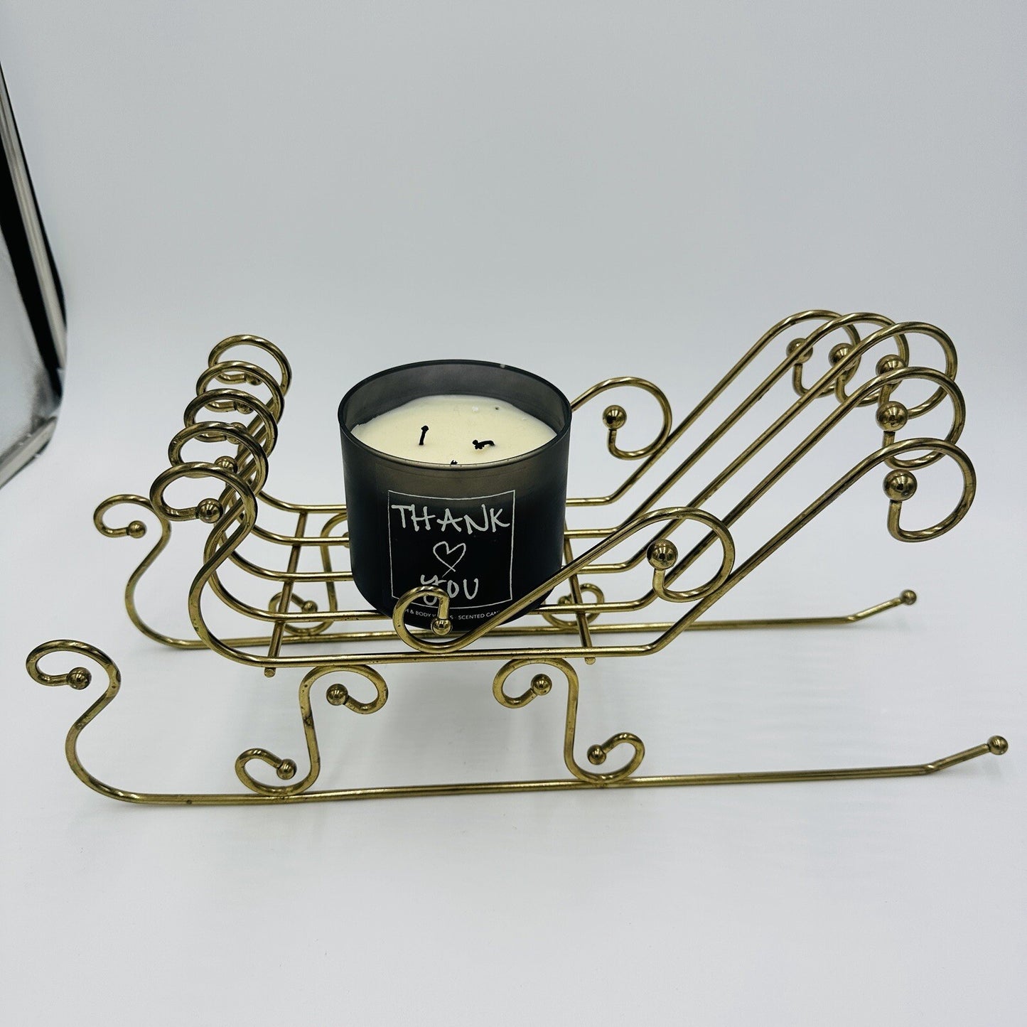 Brass Sleigh Candle Holder Holiday Decor Centerpiece Openwork Scroll Design