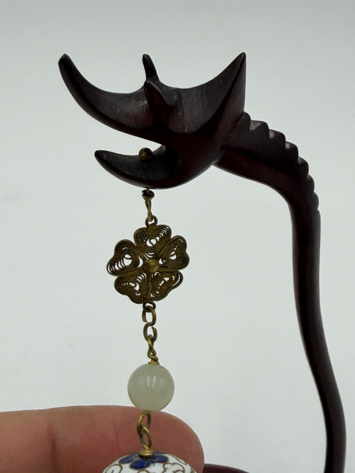 Vtg Chinese Cloisonne Enameled Bell Hanging On Wood Stand 5.75"H White Gold