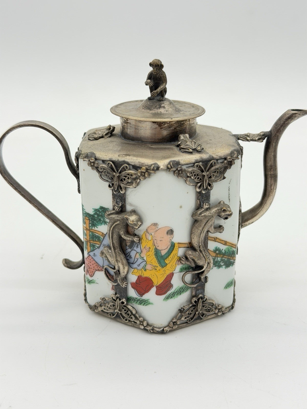 Antique Guangxu reign hexagonal Qing Dynasty Chinese metalwork pewter teapot