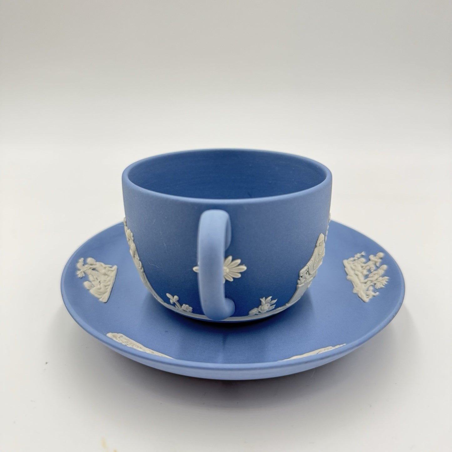 Wedgwood England Blue Jasper Ware Teacup & Saucer Greek Scene Cherub