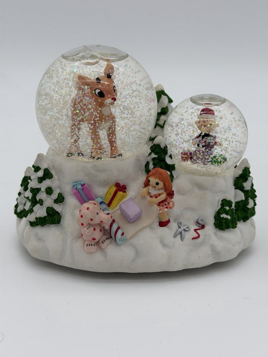 Rare Rudolph Red Nosed Reindeer & Charlie In the Box Musical Double Snowglobe