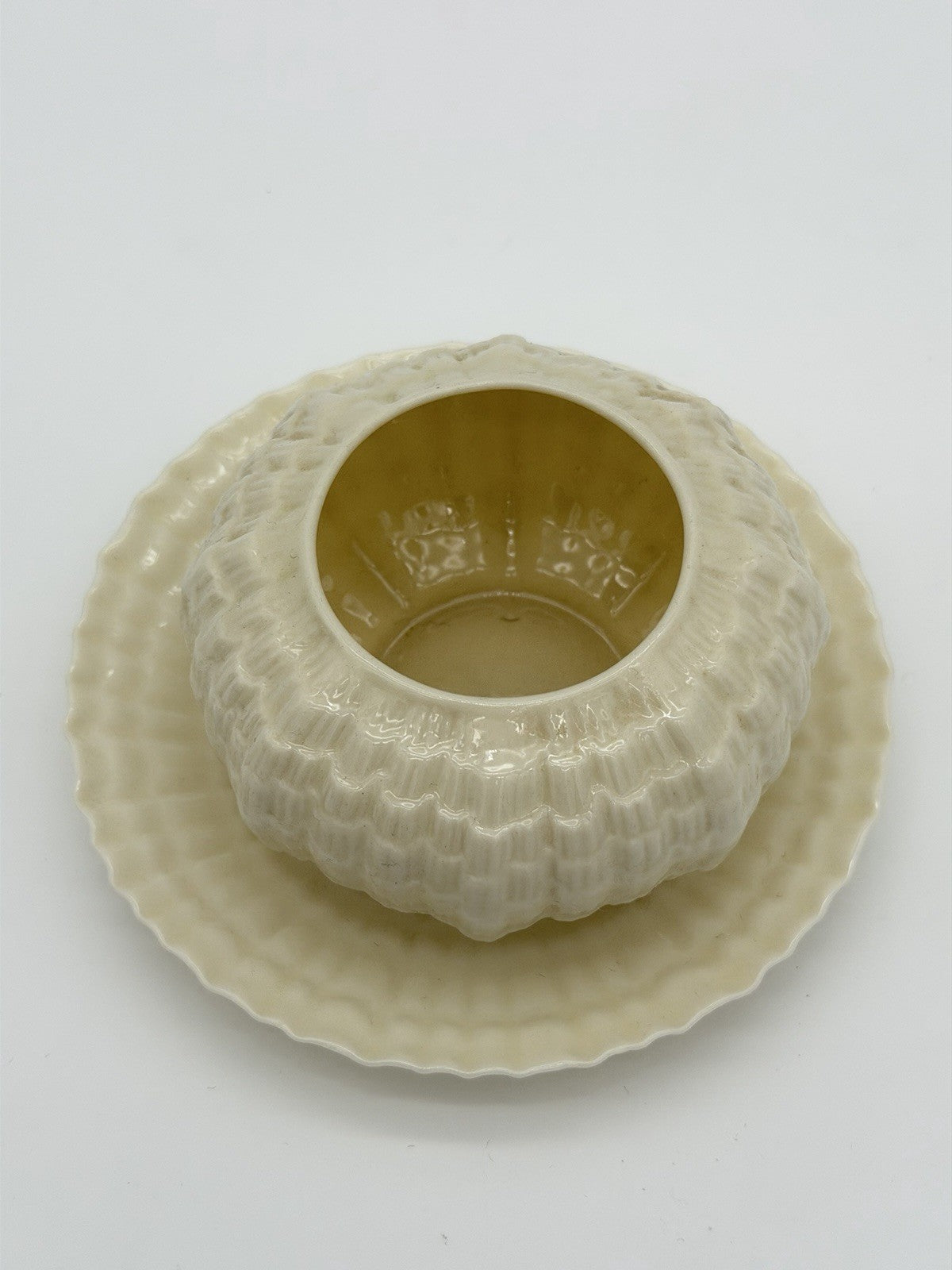 Belleek Ireland Tridacna Open Sugar Bowl & Saucer Sea Shell Porcelain Set 2 PCs