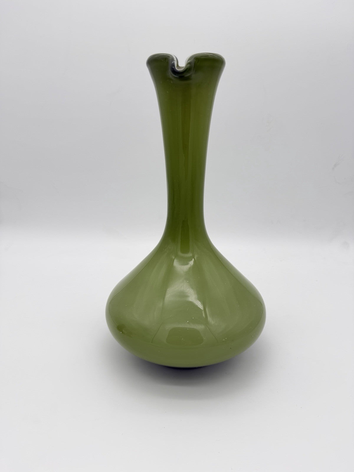 MCM Empoli Italy Olive Green Cased Art Glass Ewer Pitcher Wine Bottle Italy 12”