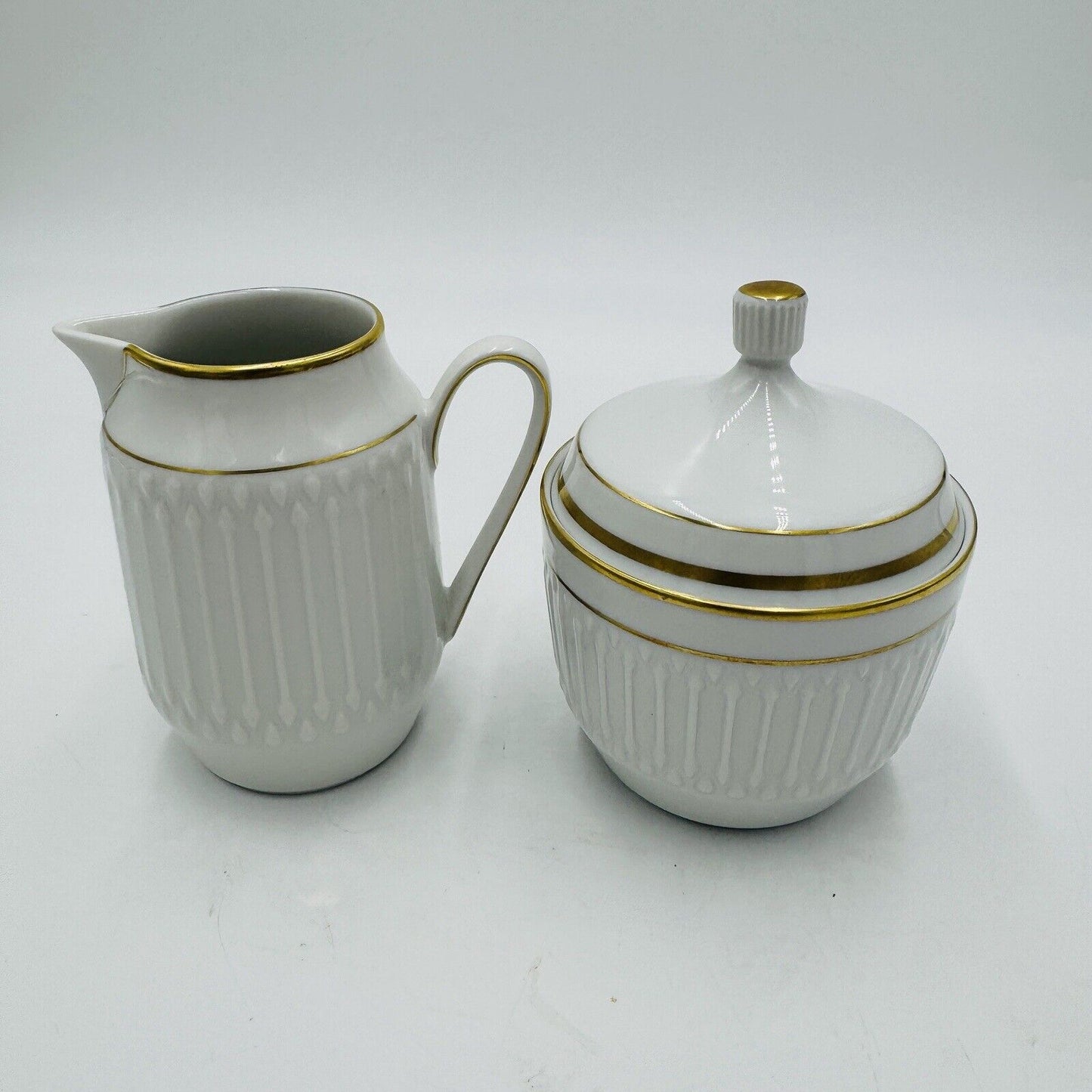 Rare Hutschenreuter Luxor Germany Porcelain 3106 Creamer & Sugar White Gold Trim