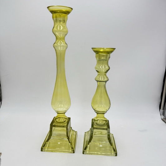 MCM Yellow Art Glass Candle holders By Lazy Susan Square Base Round Top 2