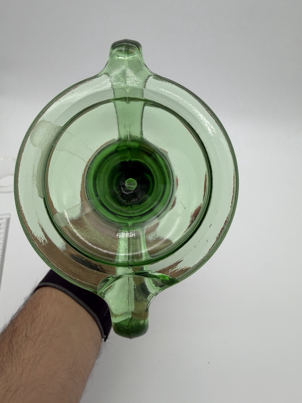 Fostoria Art Glass TUT Green Uranium Trophy Double Handle Flower VASE 8” Flawed)