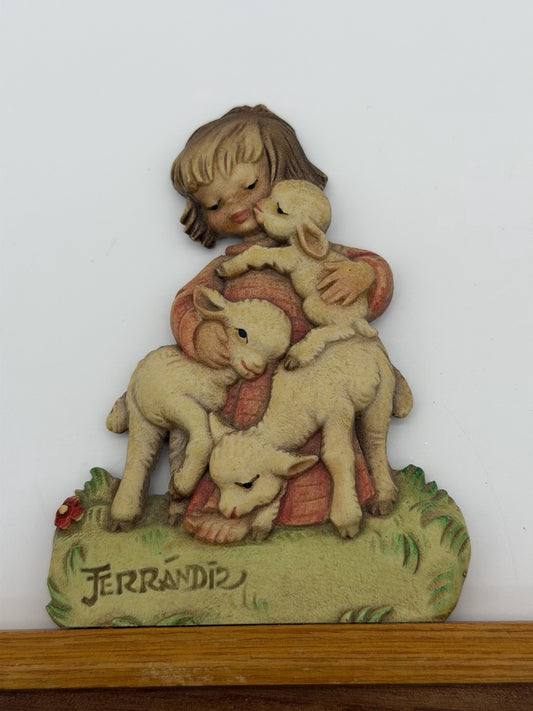 ANRI Ferrandiz Italy wood carving nursery wall decor child w/ lambs abacus