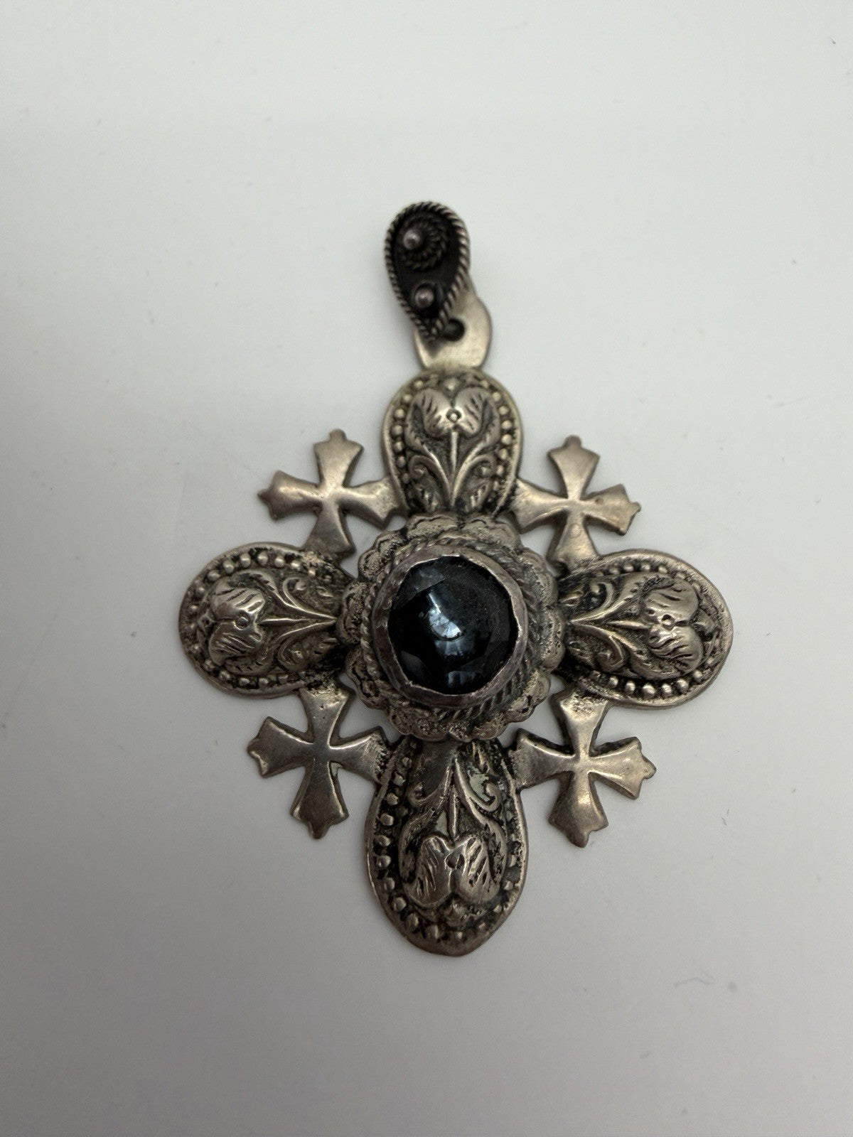 Vintage Ornate 950 Silver Jerusalem Cross 2.5”Pendant 33g Blue Onyx /cabochon