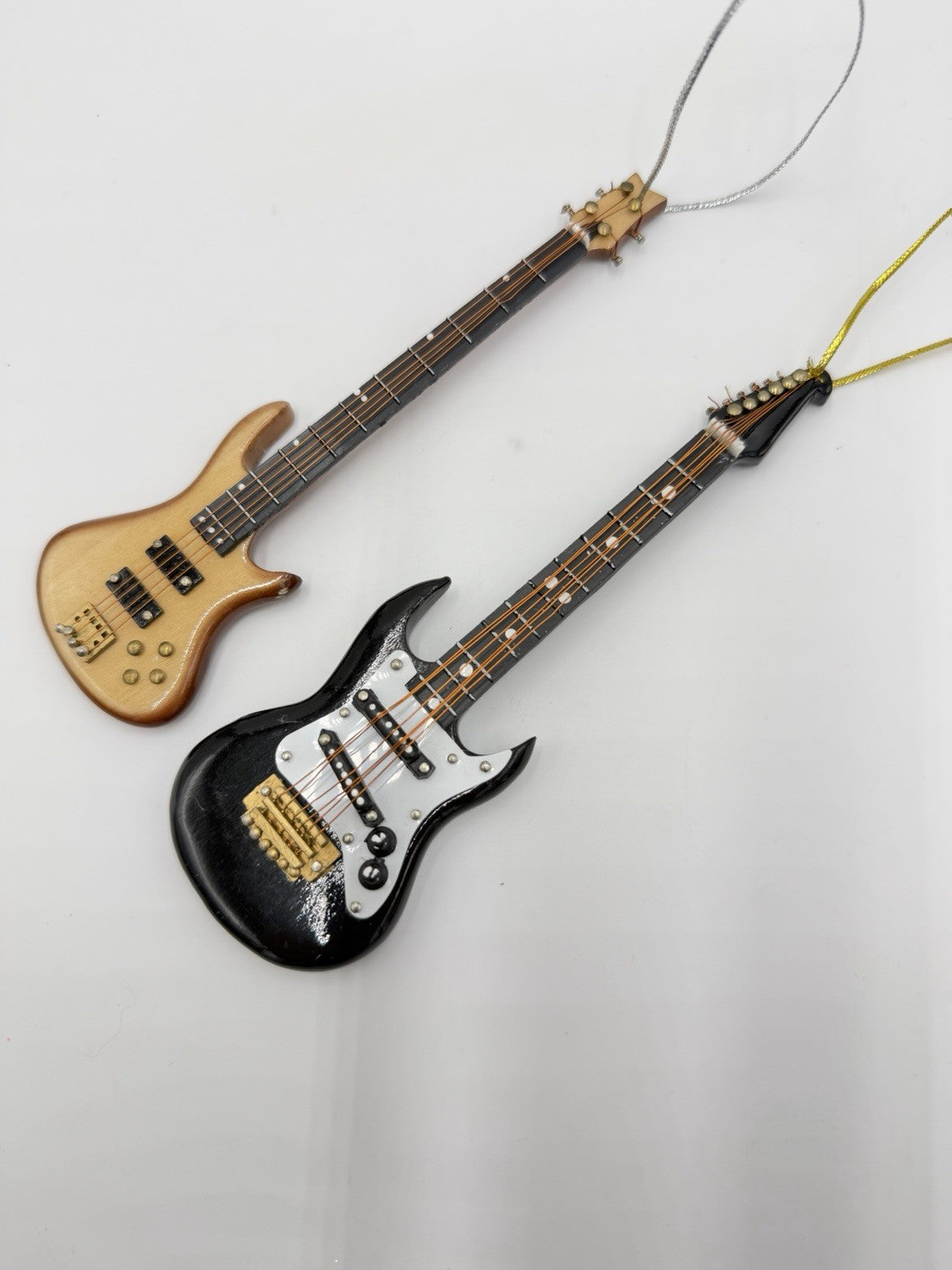 Folk Art Wooden Miniature Electric Guitar & Bass Christmas Ornaments 5”