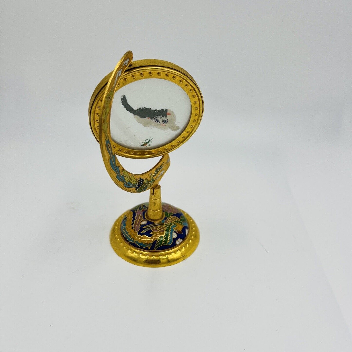 Chinese Globe Cloisonné Cat Stand Brass Embroidered Silk Gold Tone Spin Decor