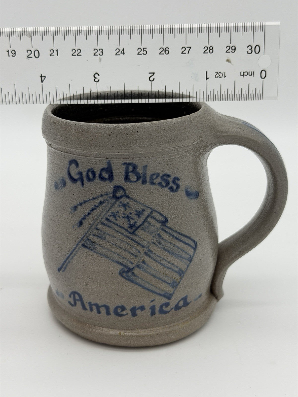 Rowe Pottery Salt Glazed God Bless America Coffee Mug American Flag Patriotic
