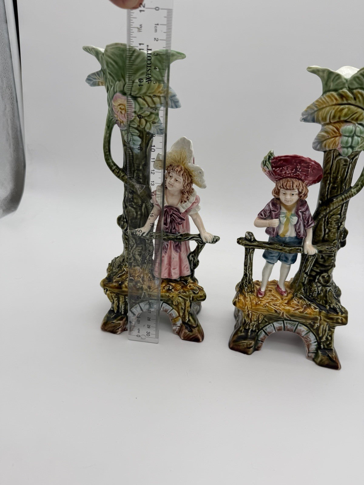Antique Brothers Urbach Teplitz Bohemian Austrian Majolica Boy Girl Vase 11”