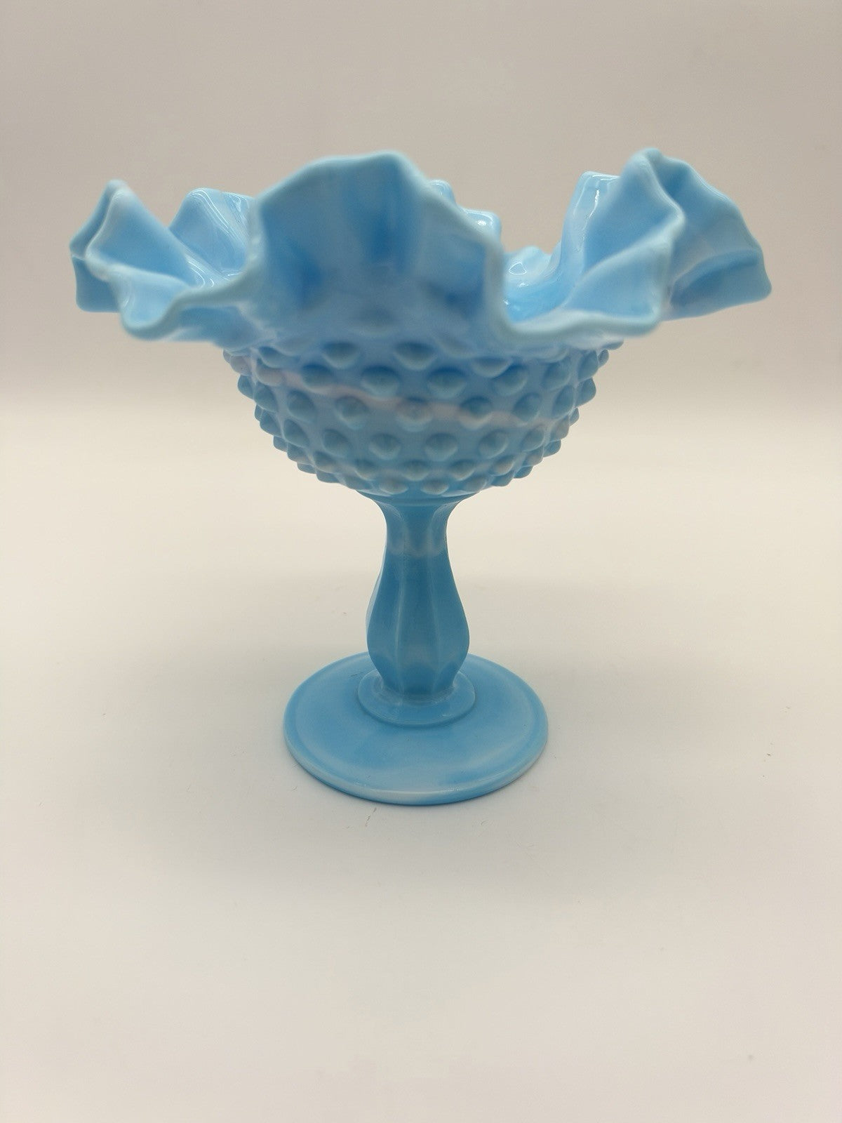 Fenton Blue White Slag Glass Hobnail Pedestal Compote Vtg Ruffled Edge 5.5”x6”