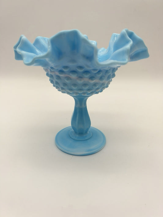 Fenton Blue White Slag Glass Hobnail Pedestal Compote Vtg Ruffled Edge 5.5”x6”