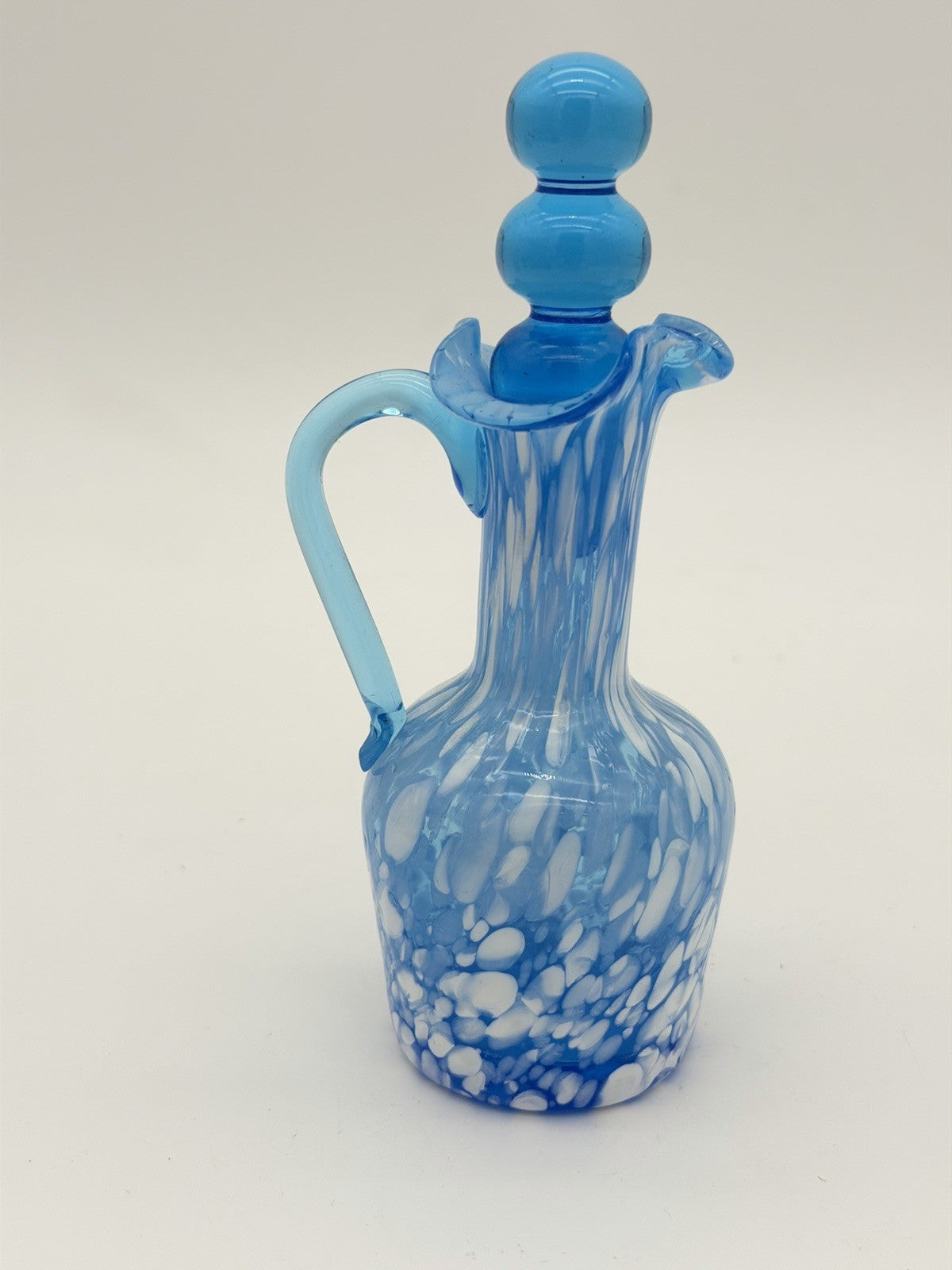 Rainbow Art Glass Cruet Blue Aqua White Spatter Milk Spots W/Stopper Vintage 6”H