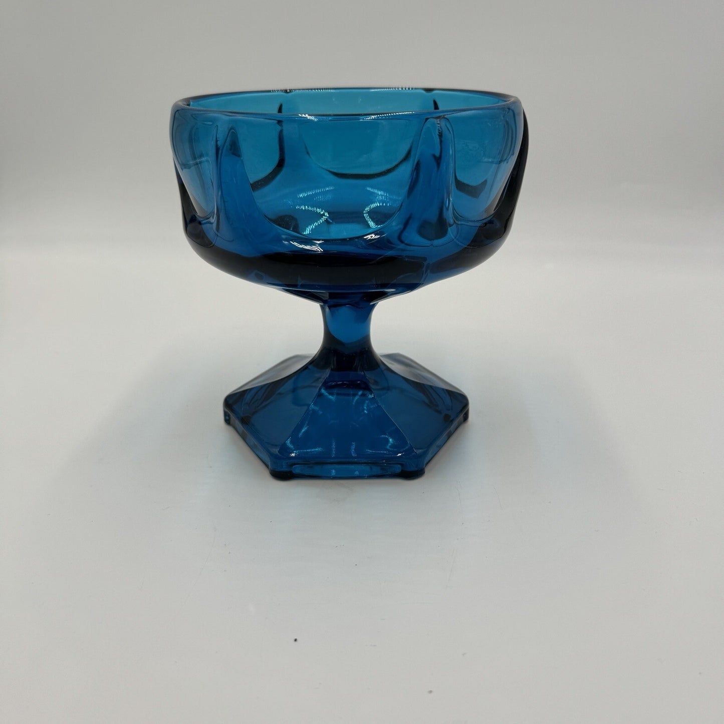 MCM Viking Candy Dish Blue Art Glass 1960s Bluenique Pedestal 6in Beautiful