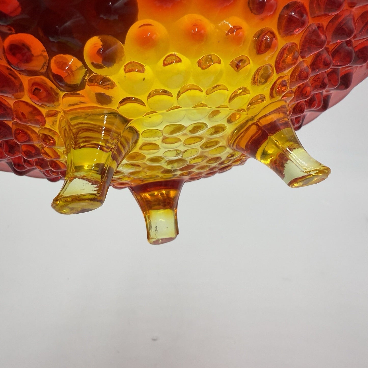 Vintage Fenton Art Glass AMBERINA Hobnail Footed Dish Bowl 7in Red Orange