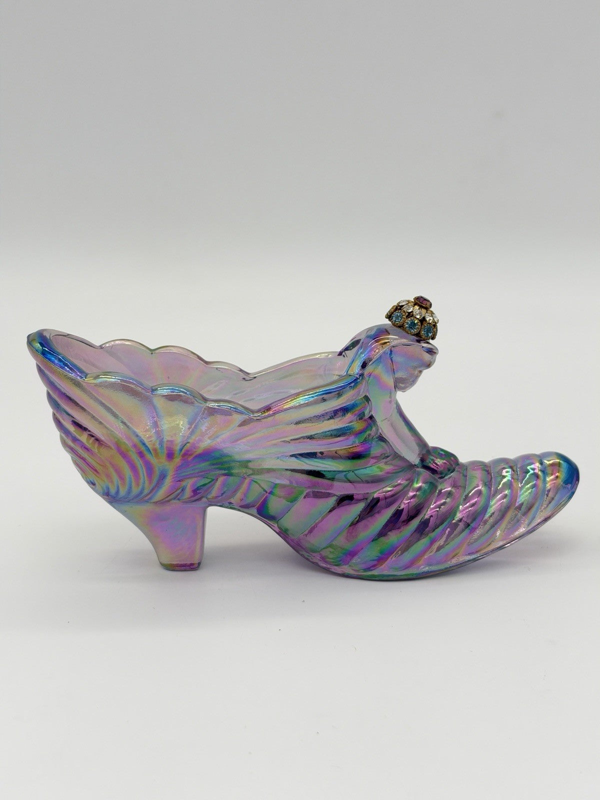 Fenton Carnival Art Glass Amethyst Iridescent Slipper Shoe Cat Head Rhinestone