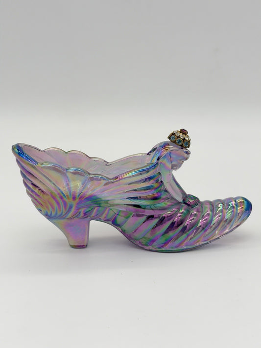 Fenton Carnival Art Glass Amethyst Iridescent Slipper Shoe Cat Head Rhinestone