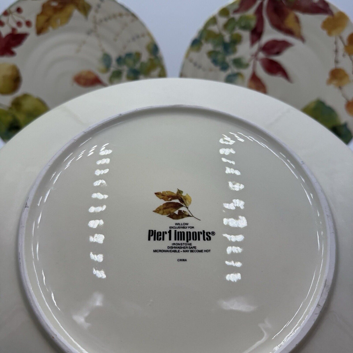 Pier 1 Imports WILLOW Dinner Plates Set 4 11” Fall Leaves Ironstone Ceramic