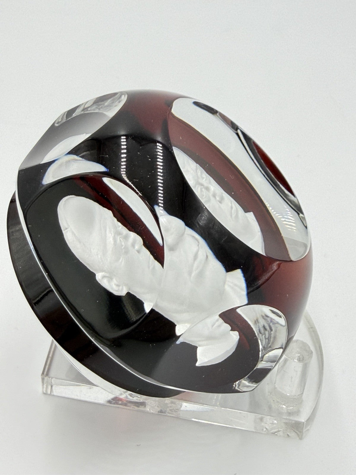 Baccarat France Crystal Adlai Stevenson Faceted Paperweight Red Signed