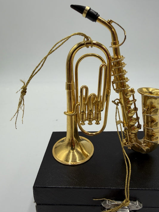 Vintage Gold Tone Saxophone & Euphonium Brass Instrument Christmas Ornaments