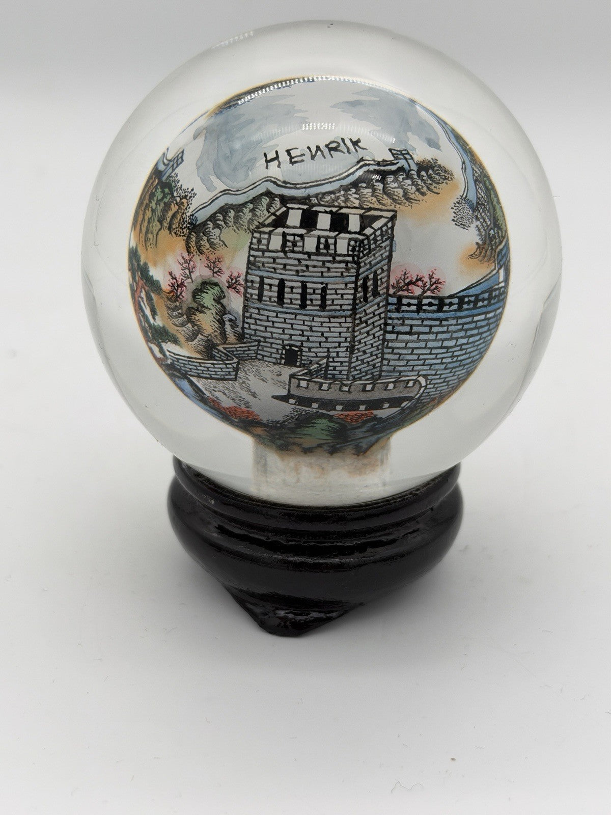 Chinese Reverse Painted Great Wall Art Glass Crystal Ball Sphere Signed 3.5”