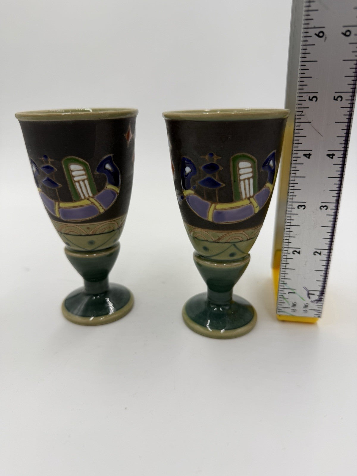 VTG Arita Cups Horse Signed Incised & Enameled Pottery Wine Goblet 4 1/2" Japan