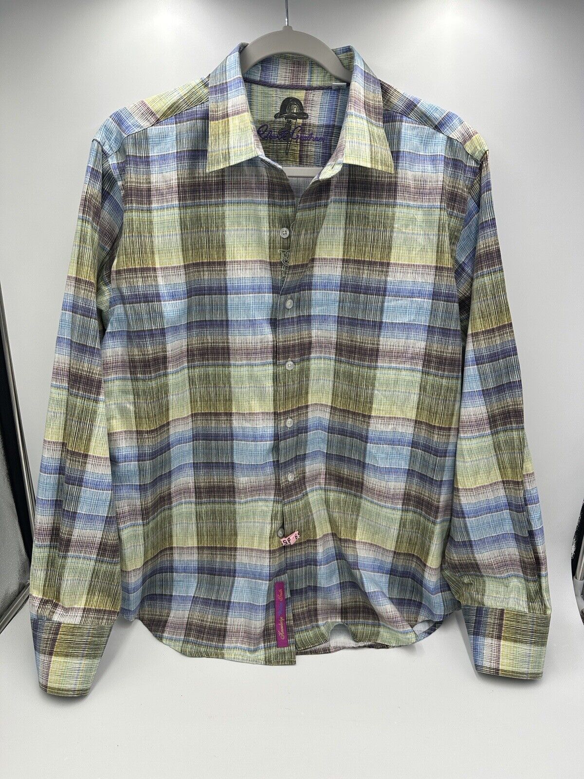 Robert Graham Men's Size L Long Sleeve Button Shirt Plaid Checkered Blue Green