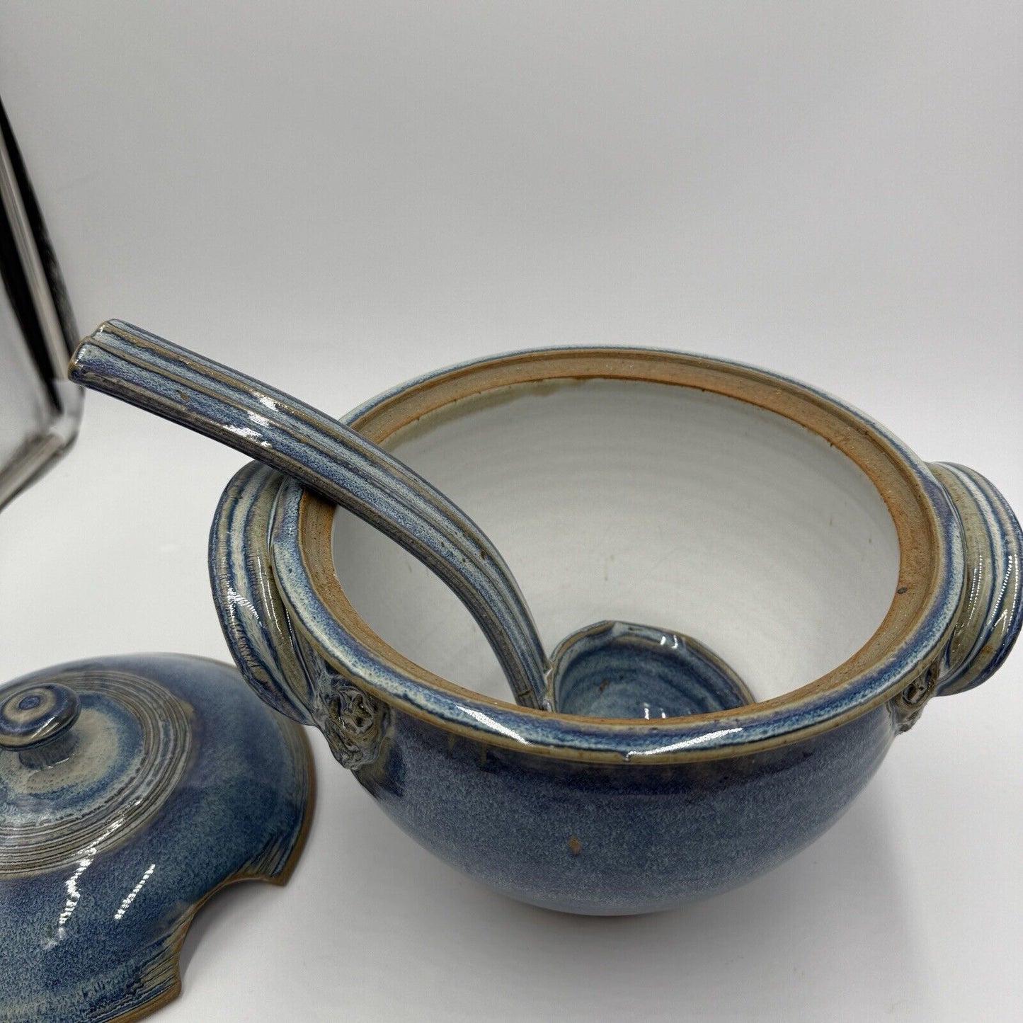 Steve Coburn Pottery Casserole with Lid Covered Soup Dish USA Ladle Blue Signed