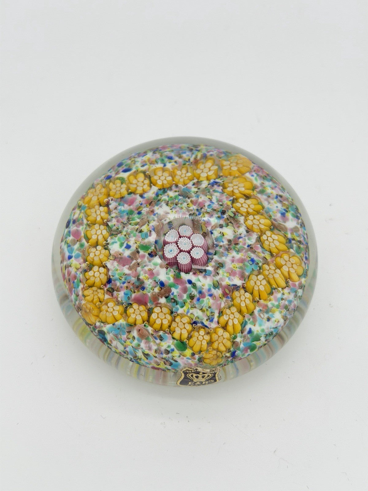 Vintage Murano Venetian Italy Art Glass Floral Millefiori Paperweight 2”x 2.5”