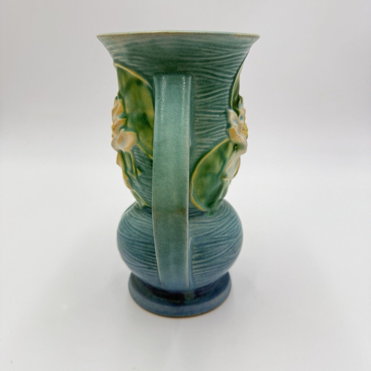 1943 Roseville Art Pottery USA 74-7 Blue Water Lilly 7” Vase Embossed Vtg (flaw)