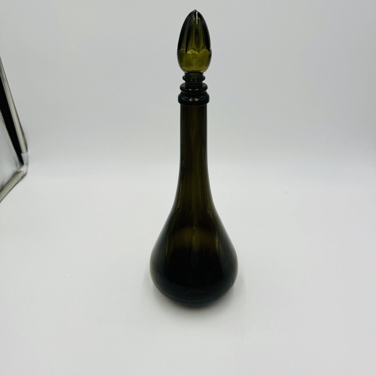 Glass Decanter With Stopper 14in MCM Green Olive Italy Art Vintage Large