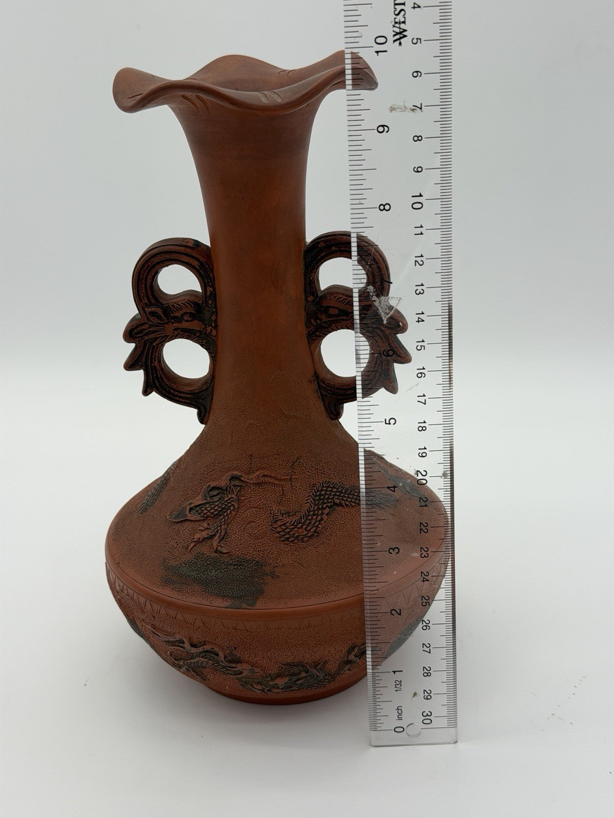 Antique Meiji Japanese Tokoname Terracota   Embossed Dragon Double Handle 10”H