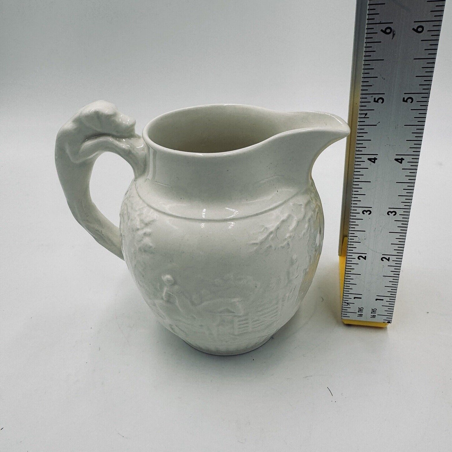 Wedgwood Etruria 4.5” Pitcher Grazed White Hunting Scene Embossed #36 Antique