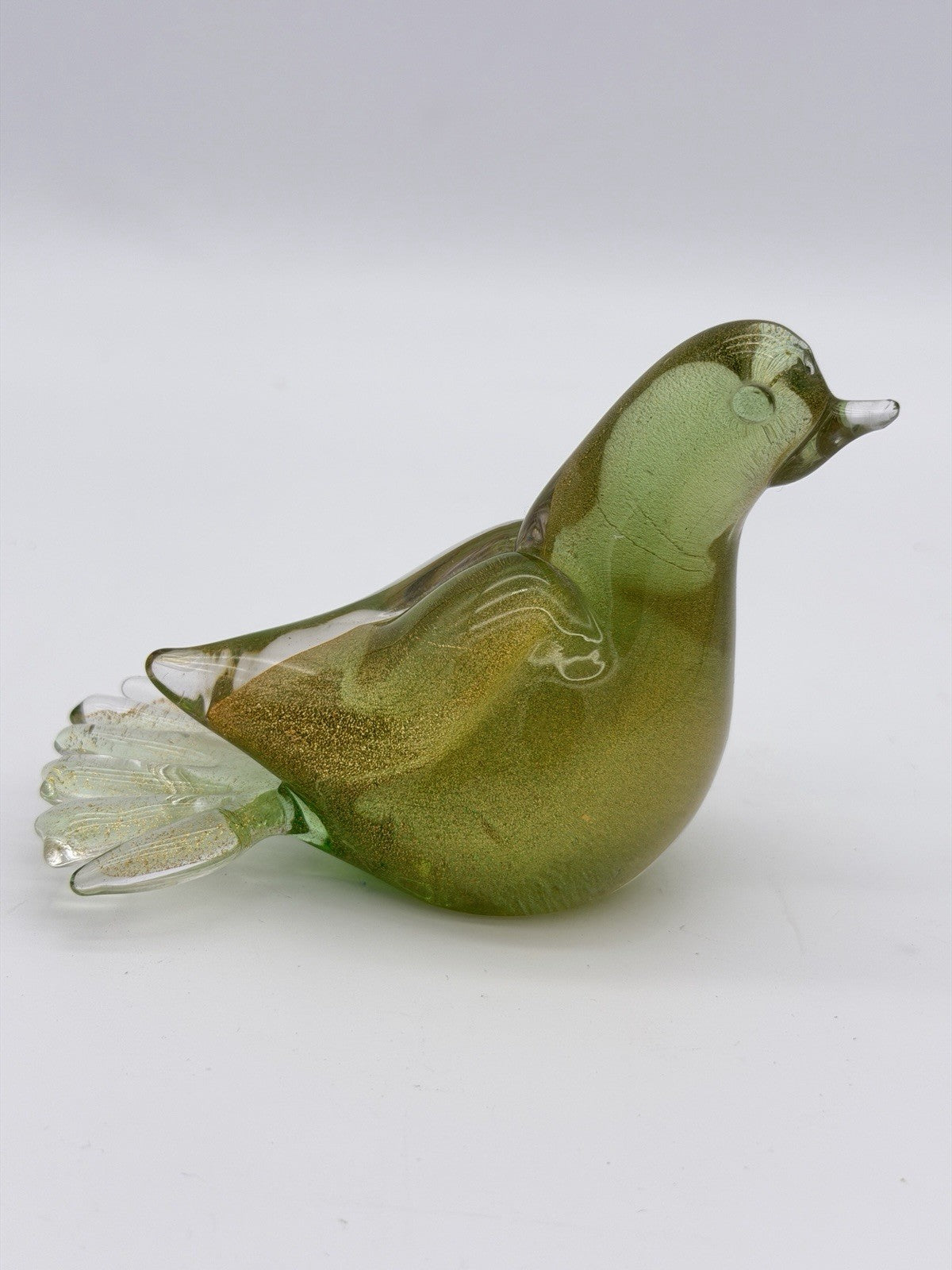Formia Murano Italy Art Glass Green & Gold  Flecked Bird Hand Blown Figurine