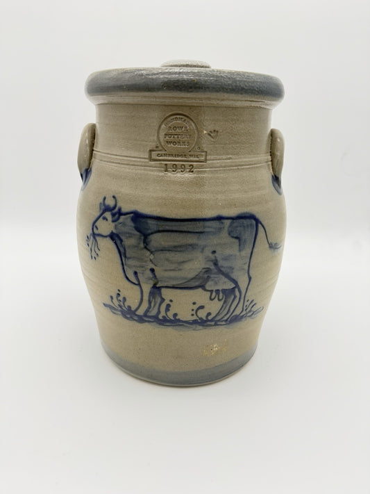 Rowe Pottery Works Lidded Canister Cow Salt Glaze Stoneware 10.75” Gallon 1990