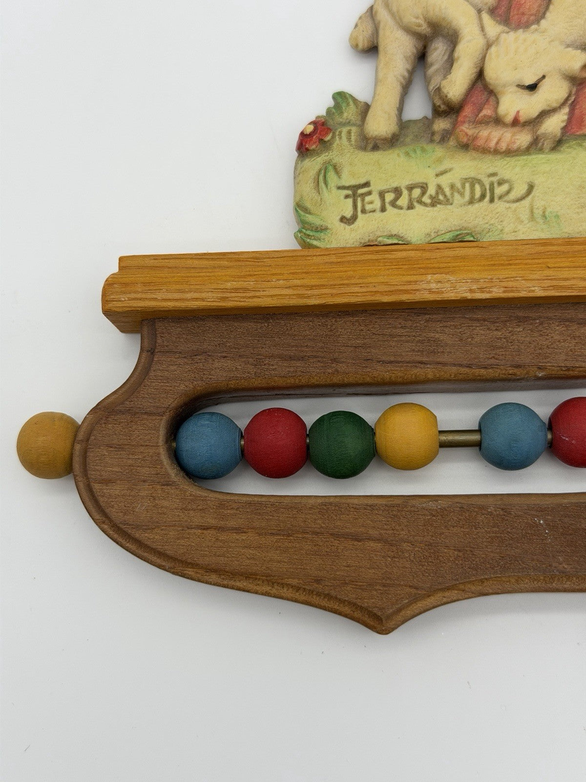 ANRI Ferrandiz Italy wood carving nursery wall decor child w/ lambs abacus