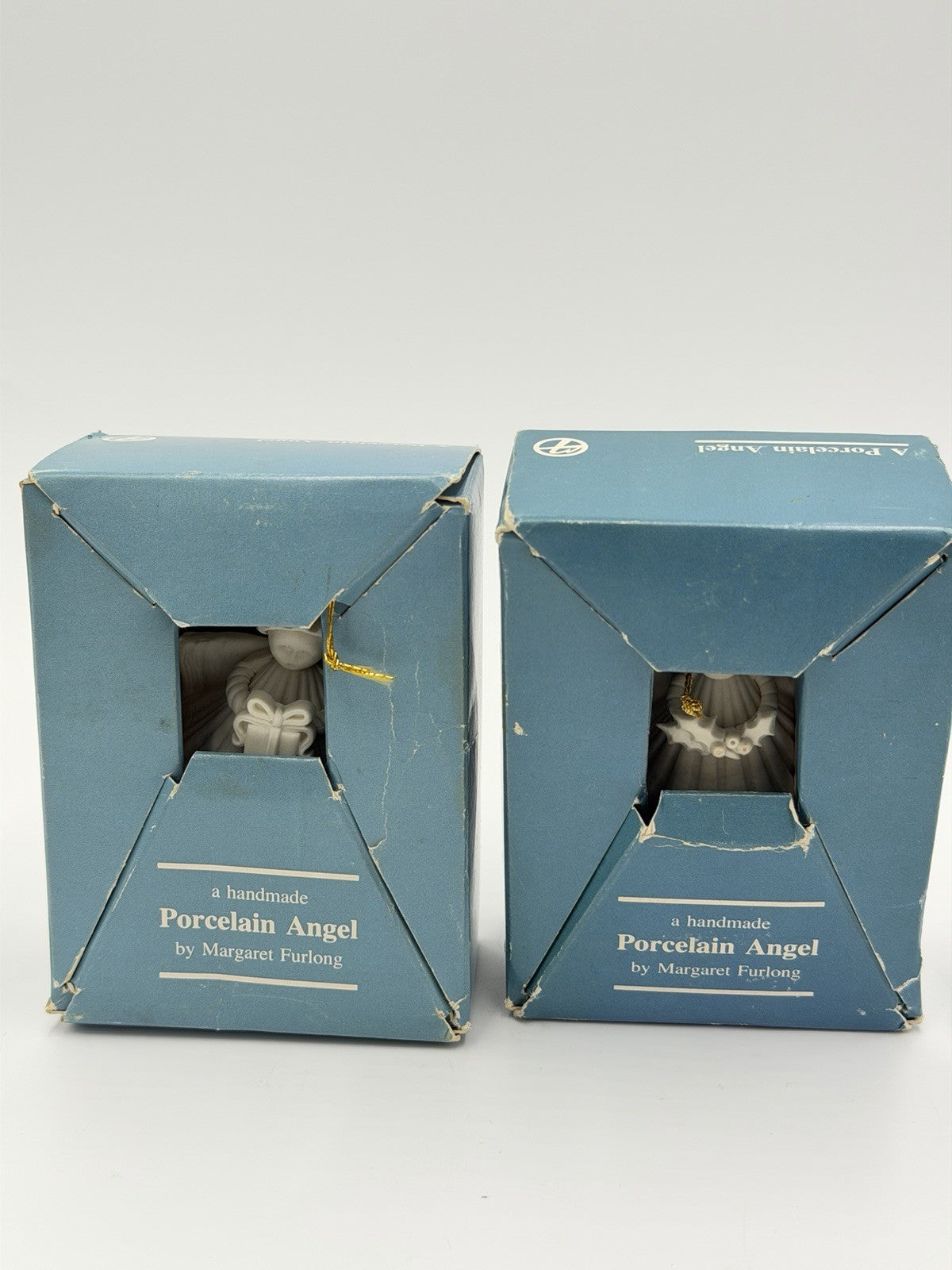 Margaret Furlong White Bisque Shell Angel Porcelain W/ Gift & Holly Ornaments 2